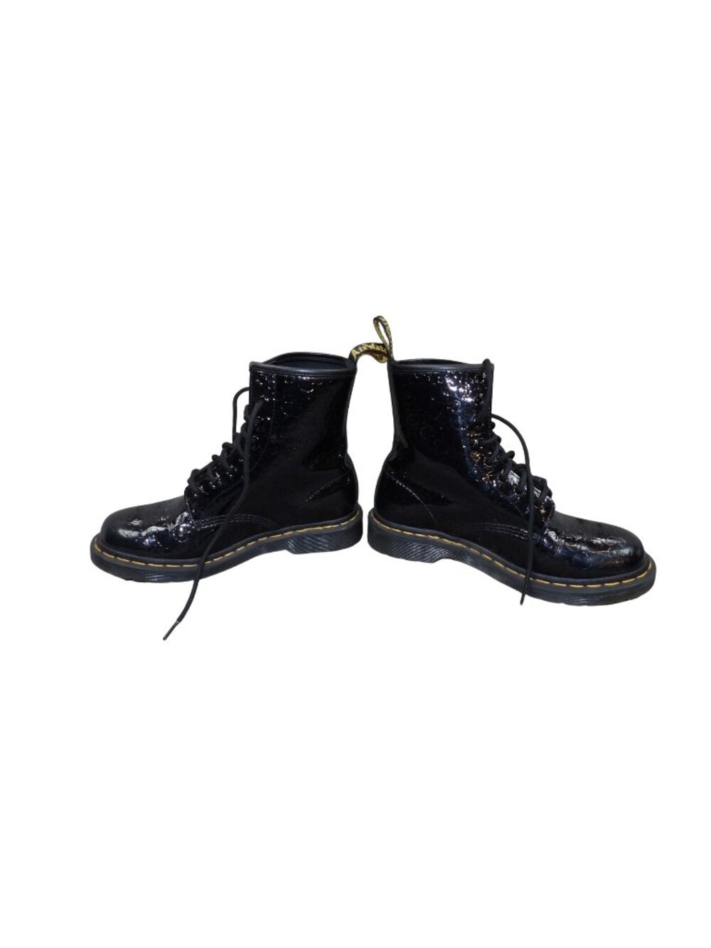 Dr. Martens Womens Black Patent Leather Lace-Up Boots Size 8 With Embossed Flora